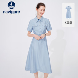 navigare 纳维凯尔 意大利小帆船女士短袖衬衫裙中长款连衣裙2322874504 蓝 L