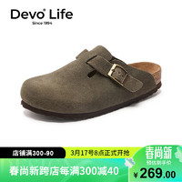 Devo 的沃 Life的沃软木鞋勃肯 情侣时尚四季休闲牛皮 包头鞋女士拖鞋外穿 3624 军绿色反绒皮 37女款偏大一码