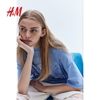 H&M2024春季女装休闲时尚宽松潮流印花大廓形图案T恤1198431 蓝色/University 155/76A