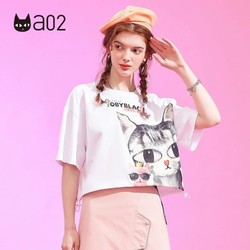 a02 夏季短款猫咪印花甜美圆领T恤女时尚宽松潮流设计感短袖上衣女
