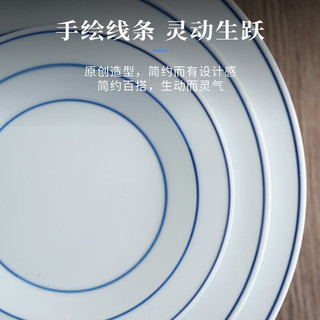 景德镇陶瓷家用中式简约白瓷饭碗蓝边碗手绘青花吃饭盘碟菜盘餐具散件 吉简-6英寸盘