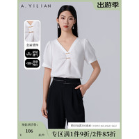 阿依莲（A.YILIAN）法式气质V领衬衫女2024夏季设计宽松钉钻舒适通勤白色短上衣 纯净白 M