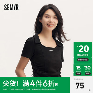 森马（Semir）POLO衫女短款小心机抽绳上衣紧身显瘦夏季简约字母套头衫百搭 黑色90001 150/76A/XS