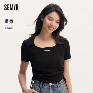 森马（Semir）POLO衫女短款小心机抽绳上衣紧身显瘦夏季简约字母套头衫百搭 黑色90001 150/76A/XS