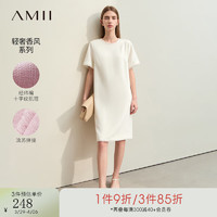 AMII2024春极简轻奢香风肌理流苏拼接短袖直筒中长连衣裙女款 米白 155/80A/S