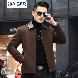 凯撒 真皮拼接毛呢大衣男短款夹克外套双面尼翻领羊毛秋冬羊绒品牌