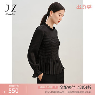 Juzui 玖姿 ·安娜蔻优雅简约风琴压褶木耳边修身长袖上衣女2024春季 素黑 S