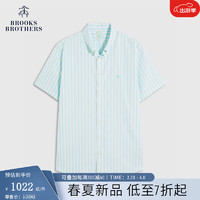 布克兄弟（BrooksBrothers）男士24春夏修身版免烫牛津纺条纹短袖休闲衬衫 4007-浅绿色 XS