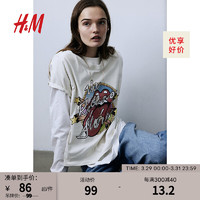 H&M女装2024春季短袖宽松圆领棉质上衣图案T恤0762470 奶油色/The Rolling Stones 155/80A