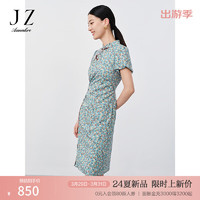 玖姿·安娜蔻新中式旗袍撞色优雅如意桃花扣连衣裙女2024夏季 花天蓝 2XL