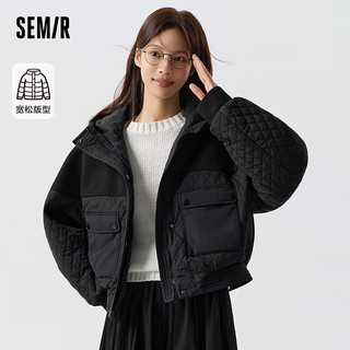 森马（Semir）棉服女薄款黑色宽松2024春菱形格拼接连帽外套 黑色90001 160/84A/M