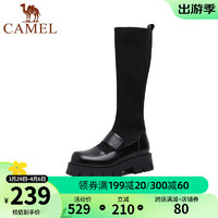 CAMEL 骆驼 女鞋冬季新款松糕底乐福鞋套筒连袜靴高筒靴女长靴 黑色 35