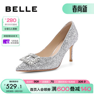 BeLLE 百丽 高跟鞋女细跟2024夏季时尚优雅气质单鞋婚鞋BDAK9AQ4 银色 38