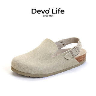 Devo 的沃 Life的沃软木鞋包头休闲搭扣复古时尚半包日系女单鞋56116 浅卡其反绒皮 37