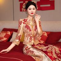 龍曼尼仕秀禾服新娘婚纱2024中式嫁衣结婚礼服敬酒服古装旗袍龙凤褂 X8198 2XL