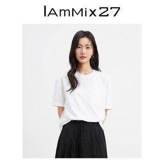 Iammix27圆领套头T恤女个性压褶短款上衣时尚休闲百搭纯色短袖T恤 白色 L