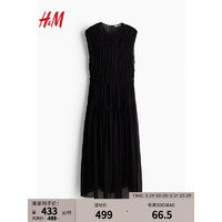 H&M2024夏季女装时尚休闲百搭碎褶粘纤连衣裙1226492 黑色 165/96A M