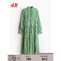 H&M 女装连衣裙2024春插肩袖微喇粘纤套穿式花卉长裙1213391 绿色/树叶图案 160/88A