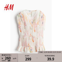 H&M女装2024夏季无袖花卉碎褶粘纤上衣1226511 白色/花卉 155/80A XS