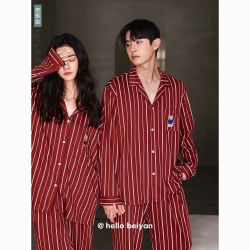 百亿补贴歌倩雅条纹情侣红色睡衣春秋翻领家居服可爱新款高档结婚本命