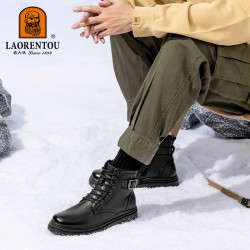 laorentou老人头老人头马丁靴男中帮牛皮加绒棉鞋秋冬季保暖雪地靴短