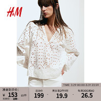 H&M女装衬衫2024春季时尚刺绣V领灯笼长袖棉质宽松上衣1216032 白色 155/80A XS
