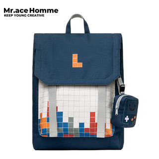 Mr.ace Homme 双肩包 俄罗斯方块 百搭 大容量电脑包  白拼黛蓝色