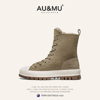 AU&MU AUMU澳洲皮毛一体雪地靴女加绒加厚防滑网红高帮系带东北户外棉鞋