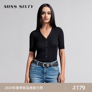 MISS SIXTY2024春季桑蚕丝毛织外套女V领性感修身短款打底衫 黑色 XS