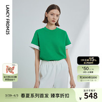 朗姿圆领宽松显瘦薄款小众别致短袖上衣女2024年夏季洋气T恤 松石绿色 M