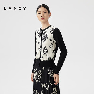 朗姿/LANCY2024春季黑白新中式真丝印花拼接针织外套高级淡雅 黑色 S