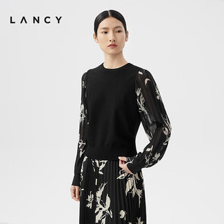 朗姿/LANCY2024春季黑色新中式拼接印花针织外套高级淡雅国风 夜幕黑色 S