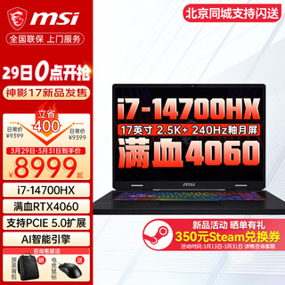 MSI 微星 神影17 2024款 十四代酷睿版 17英寸 游戏本 灰色（酷睿i7-14700HX、RTX 4060 8G、64GB、1TB SSD、2.5K、IPS、240Hz）