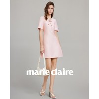 限尺码：Marie Claire 嘉人 春季蝴蝶结系带领女士连衣裙时尚气质短袖通勤修身直筒裙