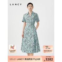 朗姿/LANCY2024夏季短袖植物印花衬衫连衣裙女法式中长款裙子 草绿色 3XL