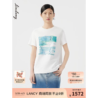 朗姿/LANCY2024夏季晕染设计印花纯棉白t恤海景图案度假风短袖女 白色 M