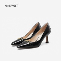 百亿补贴：NINE WEST 玖熙 高跟鞋2023春季新款方头拼色金属衔扣漆皮优雅单鞋