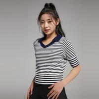 TOMMY HILFIGER Tommy Jeans 女通勤条纹小绣标POLO翻领V领露腰短针织衫15561