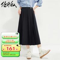 佐丹奴裙子女装压褶梭织侧腰带半松紧腰半身裙18464604 63墨蓝色 L