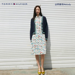 TOMMY HILFIGER24春季女装纯棉拼色字母提花纽扣V领宽松针织外套41881 藏青色DW5 L