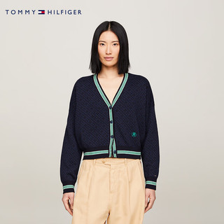 TOMMY HILFIGER24春季女装纯棉拼色字母提花纽扣V领宽松针织外套41881 藏青色DW5 L