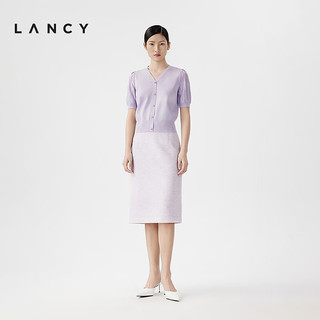 朗姿/LANCY2024夏季V领短袖修身醋酸针织衫女气质套头短上衣 淡紫色(薰衣草紫色) XL