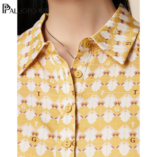 帕罗（PALUOPO）春夏女士短袖t恤真丝印花polo领T短袖通勤撞色上装双乔半袖衫 黄色 XXL(175/96A)