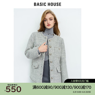 BASIC HOUSE/百家好短款小香风外套女气质粗花呢外套 岩石灰 S