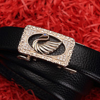 Crocodile鳄鱼恤天鹅水晶钻精致时尚女士皮带头层牛皮百搭腰带女裤带14012666黑色