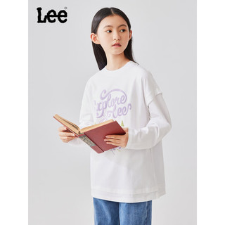 Lee儿童长袖T恤2024春季假两件下摆印花设计宽松圆领套头上衣 月光白 130CM