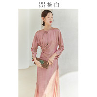 SHIBAI拾白新中式2023春季红色高端人丝连衣裙女国风圆领收腰长裙