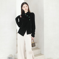 SHIBAI拾白新中式2023春设计感国风收腰款黑色长袖高级丝绒上衣女
