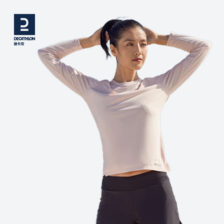 DECATHLON 迪卡侬 训练防晒速干宽松打底衣长袖跑步女运动服T恤上衣RUNW 柔雾粉 L-XL