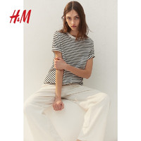 H&M 女装T恤2024春季简约休闲时尚圆领短袖上衣内搭0963662 白色/黑色条纹 160/88A